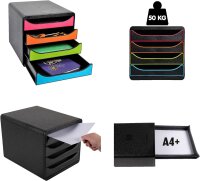 Exacompta 3104213D Premium Ablagebox mit 4 Schubladen für DIN A4+ Dokumente. Belastbare Schubladenbox mit hoher Kapazität für mehr Platz auf dem Schreibtisch Big Box Glossy Schwarz|Weiß