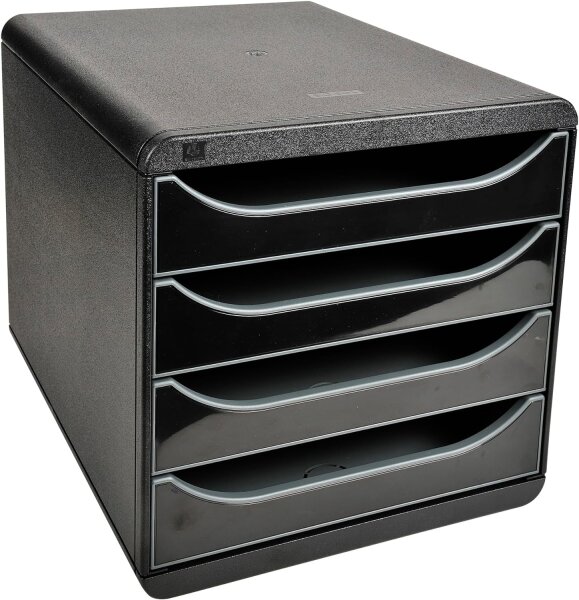 Exacompta 3104214D Premium Ablagebox mit 4 Schubladen für DIN A4+ Dokumente. Belastbare Schubladenbox mit hoher Kapazität für mehr Platz auf dem Schreibtisch Big Box Glossy Schwarz|Grau