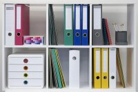 Exacompta 314398D Premium Ablagebox mit 4 Schubladen für DIN A+ Dokumente. Belastbare Schubladenbox mit hoher Kapazität für mehr Platz auf dem Schreibtisch Pop Box weiss/bunt