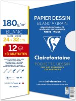 Clairefontaine 96177C - Packung mit 12+3 Blatt gekörntes Zeichenpapier, DIN A4+ 24x32cm 180g, geeignet für Trocken- und Nasstechniken, Weiß, 1 Pack