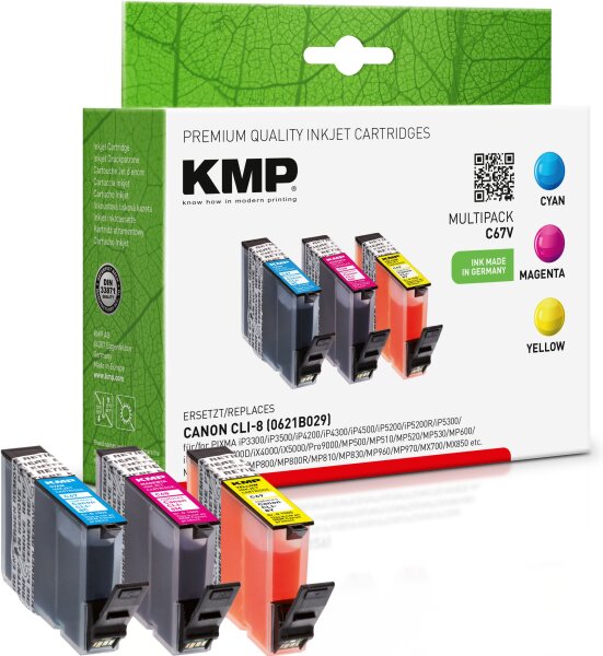 KMP Multipack C67V cyan, magenta, gelb Tintenpatronen ersetzen Canon CLI-8C,M,Y (0628B025)