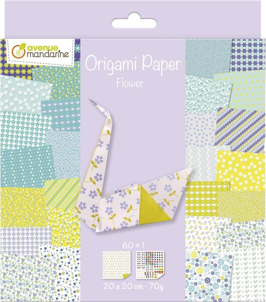 Avenue Mandarine 52507O Origami color Papier (quadratisch, 20 x 20 cm, mit Faltanleitung, 60 verschiedenen Blätter und 1 Blatt mit Augenset, Blume)