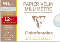 Clairefontaine 96555C - Packung mit 12+3Blatt Milimeterpapier Velin DIN A4 21x297cm, 90g, ideal für technische Zeichnungen, 1 Pack