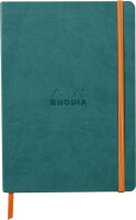 Rhodia 117376C - Notizheft Softcover Rhodiarama DIN A5 (14,8x21 cm), 80 Blatt, liniert Clairefontaine Papier Elfenbein 90g Lesezeichen, Gummizugverschluss, Cover aus Kunstleder Pfaugrün, 1 Stück