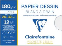 Clairefontaine 96175C - Packung Zeichenpapier mit 12 Bögen Zeichenpapier 180g, gekörnt, DIN A4+ 24 x 32 cm, ideal für Kunstunterricht, Weiß, 1 Pack