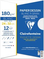 Clairefontaine 96175C - Packung Zeichenpapier mit 12 Bögen Zeichenpapier 180g, gekörnt, DIN A4+ 24 x 32 cm, ideal für Kunstunterricht, Weiß, 1 Pack