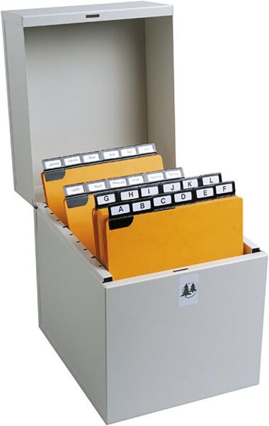 Exacompta 54718E Karteikassette Metalib für bis zu 500 Karteikarten DIN A5 hoch Tragegriffe vorne und hinten mit Trennplatte grau Karteikasten