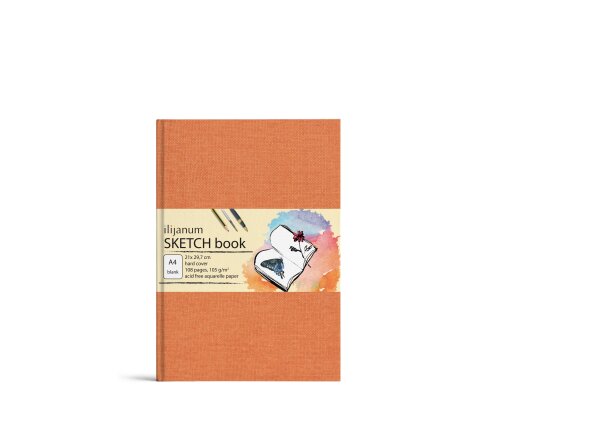 Skizzenbuch mit festem Einband DIN A5, 54 Blatt 110 gr/m², Aquarellpapier Einband aus Leinwandpapier orange