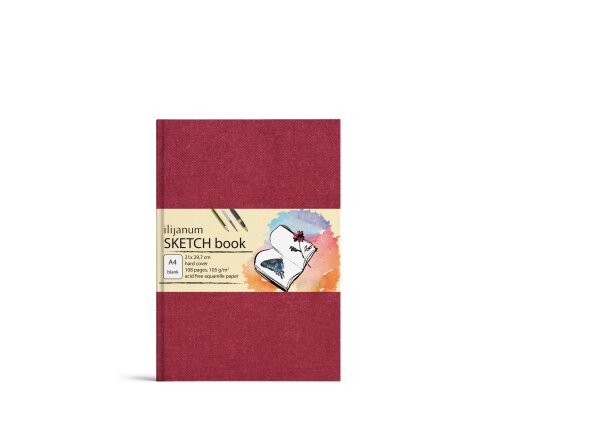 Skizzenbuch mit festem Einband DIN A5, 54 Blatt 110 gr/m², Aquarellpapier Einband aus Leinwandpapier dunkelrot