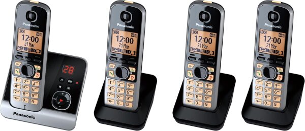Panasonic KX-TG6724GB Quattro Schnurlostelefone mit 3 zusätzlichen Mobilteilen (4,6 cm (1,8 Zoll) Display, Smart-Taste, Freisprechen, Anrufbeantworter) schwarz/silber