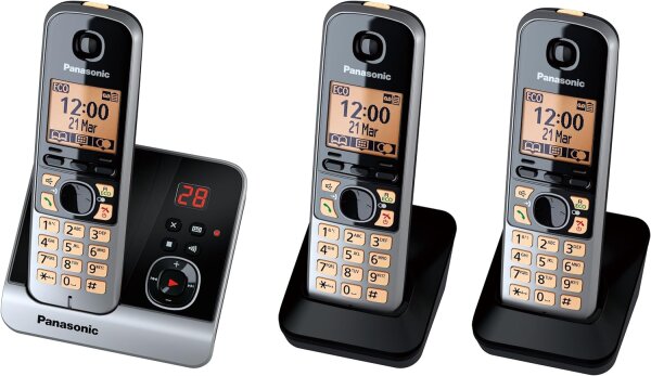 Panasonic KX-TG6723GB Trio Schnurlostelefon mit 2 zusätzlichen Mobilteilen (4,6 cm (1,8 Zoll) Display, Smart-Taste, Freisprechen, Anrufbeantworter) schwarz/silber