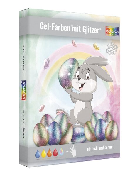 Eierfarben - Gel-Farben mit Glitzer - 4 Gel-Farben, Glitzerpuder und Handschuhe - 16 Milliliter