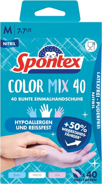 Spontex Color Mix, 40 farbenfrohe Einmalhandschuhe aus Nitril, latexfrei und ungepudert, Größe M, 40 Stück