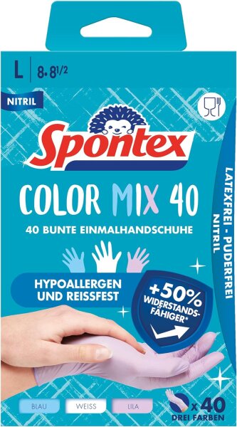 Spontex Color Mix, 40 farbenfrohe Einmalhandschuhe aus Nitril, latexfrei und ungepudert, Größe L, 40 Stück