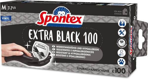 SPONTEX Extra Black Einmalhandschuhe aus Vinyl, ungepudert und latexfrei, vielseitig einsetzbar, in praktischer Spenderbox, Größe M, 100er Pack, schwarz