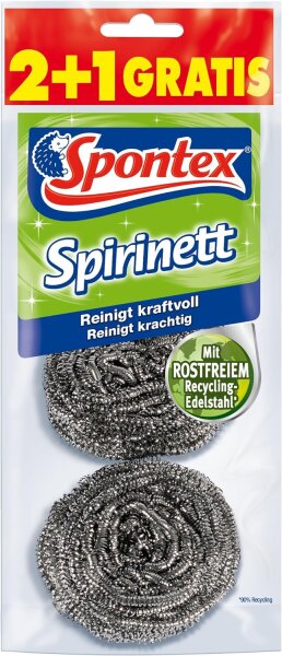 Spontex Spirinett Edelstahlspiralen, ideal für hartnäckigen Schmutz in Töpfen und Pfannen, aus rostfreiem Recycling-Edelstahl (1 x 3 Stück) | 3 Stück (1er Pack)