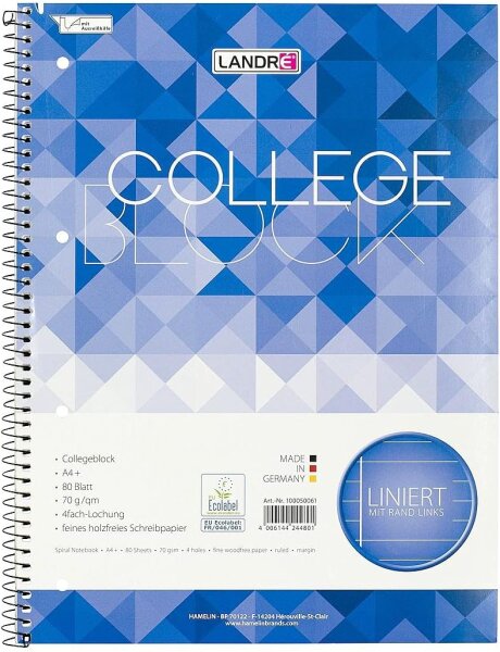 LANDRÉ 100050061 Collegeblock"college" DIN A4, liniert, 80 Blatt