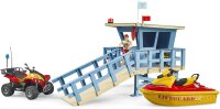bruder 62780 - Bworld Life Guard Station mit Quad & Personal Water Craft - 1:16 Rettungsschwimmerin Rettungsstation Bademeister Fahrzeug Spielzeug Themenset