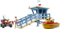bruder 62780 - Bworld Life Guard Station mit Quad & Personal Water Craft - 1:16 Rettungsschwimmerin Rettungsstation Bademeister Fahrzeug Spielzeug Themenset
