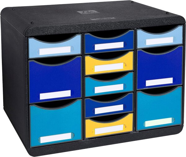 Exacompta 3137202D Ablagebox BeeBlue aus Recycling-Kunststoff mit 11 individuell platzierbaren Schubladen. Belastbare Schubladenbox im Querformat für mehr Ordnung. Store Box Multi Blauer Engel