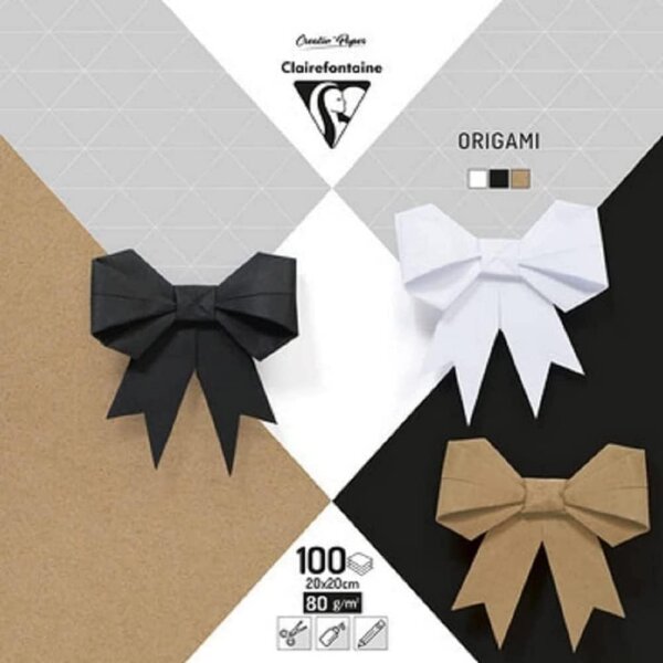 Clairefontaine 95006C Packung mit 100 Blatt Origamipapier einfarbig, 20 x 20cm, 80g, 1 Pack, schwarz, Weiß & Kraft