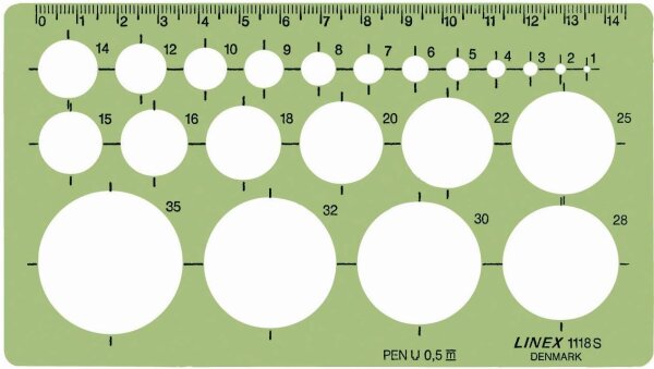 Linex 1118S Kreisschablone, 22 Kreise von 1-35mm, Tuschenoppen, für Tuschefüller bis 0,5mm, mm-Skala an einer Seite, 160 x 90 mm