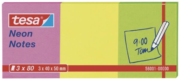 tesa Neon Notes, 3 x 80 Blatt, pink / gelb / grün 40mm x 50mm