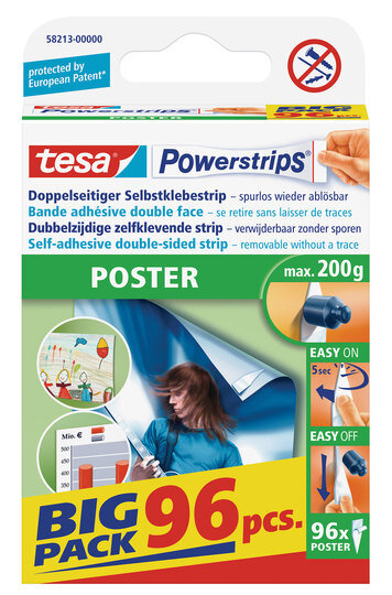 tesa Powerstrips Poster (Doppelseitige Klebestreifen für Poster und Plakate, Selbstklebend und mehrfach verwendbar, bis zu 200 g Halteleistung) 96 Stück