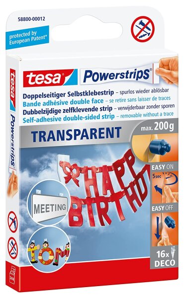 tesa Powerstrips DECO, transparent, bis 200g, Packung mit 16 Strips
