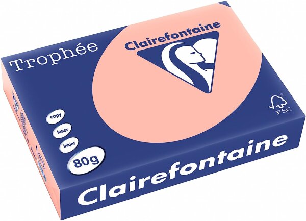 Clairefontaine 1970C - Ries Druckerpapier / Kopierpapier Trophee, Pastell Farben, DIN A4, 80g, 500 Blatt, Pfirsich, 1 Ries