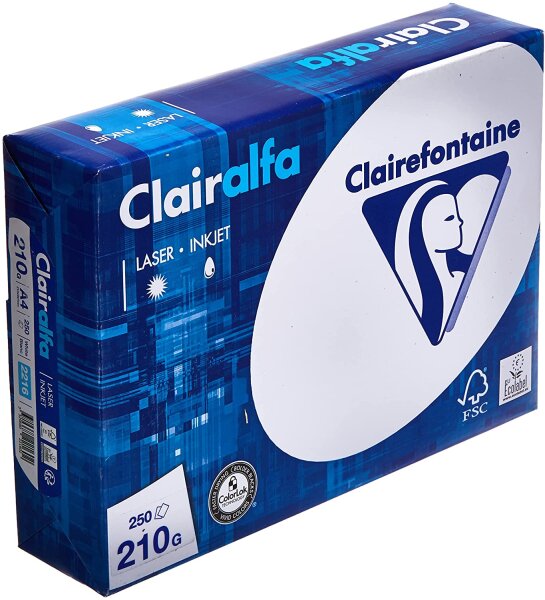 Clairefontaine 2216C Druckerpapier Clairalfa blickdichtes Druckerpapier (1 Ries mit 250 Blatt, DIN A4, 21 x 29,7 cm, 210 g, ideal für alltägliche Kopien und Ausdrucke) weiß