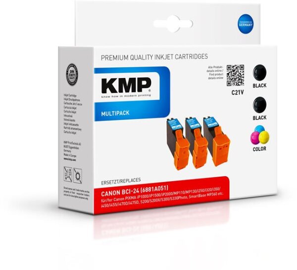 KMP Vorteilspack C21V kompatibel mit BCI-24 BK + C für Canon S300 iP10