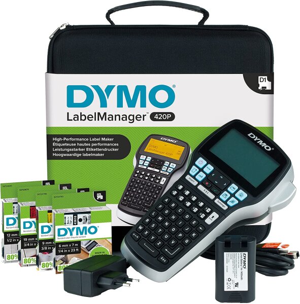 DYMO LabelManager 420P Hochleistungs Beschriftungsgerät im Koffer | Tragbares Etikettiergerät mit ABC Tastatur | mit extra Rollen DYMO D1-Beschriftungsband | mit PC- oder Mac-Schnittstelle