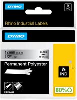 DYMO Rhino Industrie Permanente Polyesteretiketten | 12 mm x 5,5 m | Schwarz auf Metallic | selbstklebendes Schriftband | für DYMO Rhino und LabelManager Beschriftungsgerät