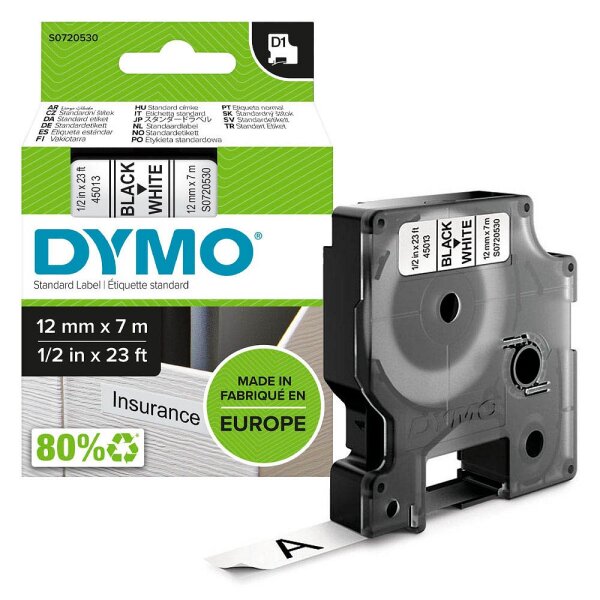 Dymo D1-Schriftband 12mm x 7m schwarz auf weiß S0720530