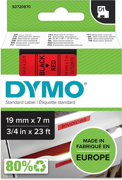 DYMO Original D1-Etikettenband | schwarz auf rot | 19 mm x 7 m | selbstklebendes Schriftband | für LabelManager-Beschriftungsgerät