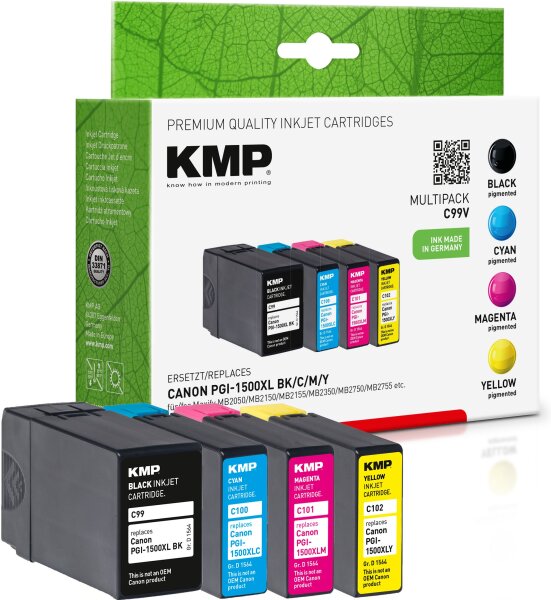 KMP Multipack C99V schwarz, cyan, magenta, gelb Tintenpatronen ersetzen Canon PGI-1500XL BK/C/M/Y MULTI (9182B004)