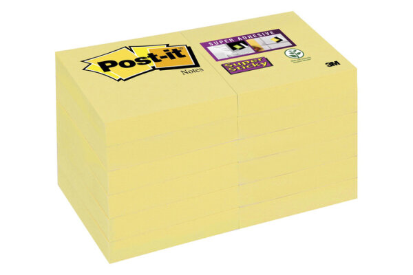 Post-it® SuperSticky Haftnotiz Super Sticky Notes, 51 x 51 mm, kanariengelb, 12x90 Blatt