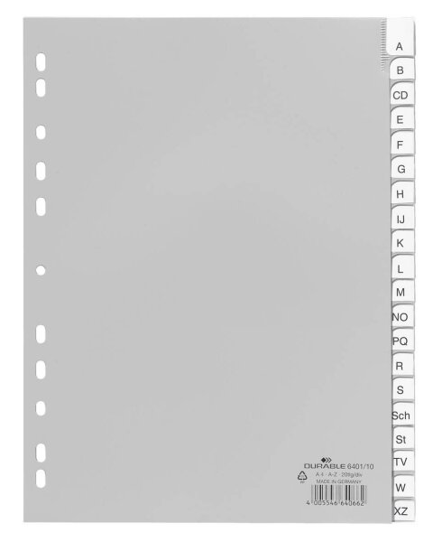 Durable Register A - Z, PP, grau, DIN A4, 215/230 x 297 mm, 20 Blatt