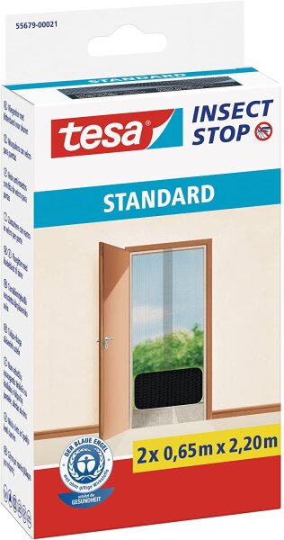 tesa Insect Stop STANDARD Fliegengitter für Türen - 2-tlg Insektenschutz Tür mit Klettband - Fliegen Netz ohne Bohren - Anthrazit, 2 x 65 cm x 220 cm