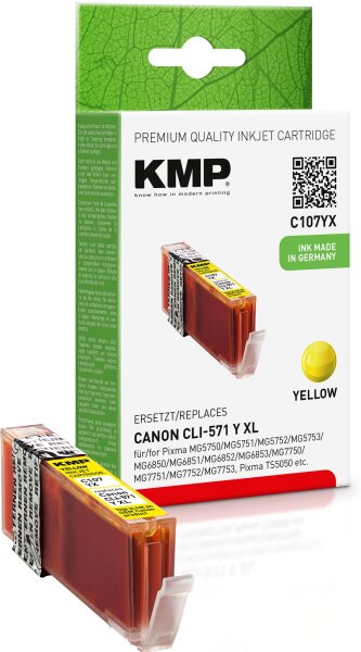 KMP C107YX gelb Tintenpatrone ersetzt Canon CLI-571 Y XL (0334C001)