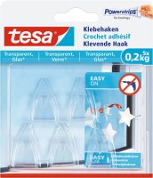 tesa Klebehaken für transparente Oberflächen und Glas (0,2 kg) - Durchsichtige, selbstklebende Haken - Bis zu 0,2 kg Halteleistung pro Haken, 5-er Pack