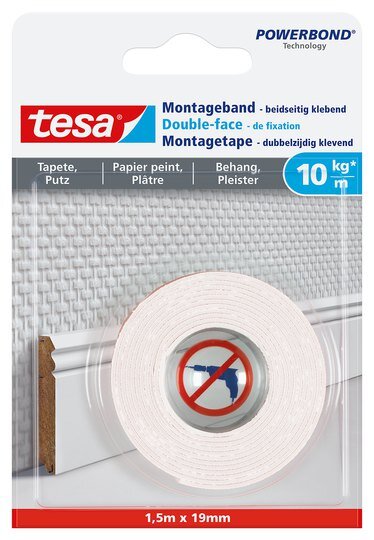 tesa Montageband Tapete & Putz, 10 kg, 5 m x 19 mm
