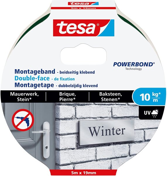 tesa Powerbond Montageband für Ziegel und Stein, 10 kg Haltekraft pro Meter - doppelseitiges Montageklebeband für Innen und Außen - 5 m x 19 mm
